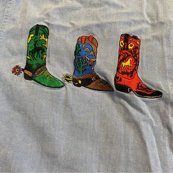 Casey Coleman Cotton Shirt Women's XL Blue Embroidered Cowboy Boots Button Up - Picture 3 of 11